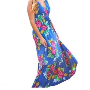 Matilda Jane Medium Blue Floral Brilliant Dream Weaver Teired Maxi Dress Pockets